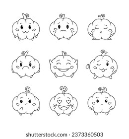 Pumpkin character cartoon. Coloring Page. Beautiful cute vegetable. Halloween holiday. Vector drawing. Collection of design elements.