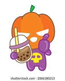 Pumpkin character cartoon, Halloween day, pumpkin halloween, Love bubble tea, Vector illustration.