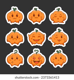 Pumpkin character cartoon. Sticker Bookmark. Beautiful cute vegetable. Halloween holiday. Vector drawing. Collection of design elements.