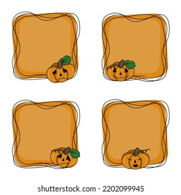 Pumpkin character, emotions, A set of bright orange square frames for Halloween, copy space, vector illustration in cartoon style