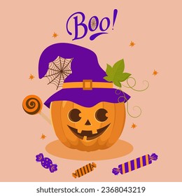 Pumpkin character face. Orange cute pumpkin with smile and candy for your design for the holiday Halloween. Stock Vector illustration