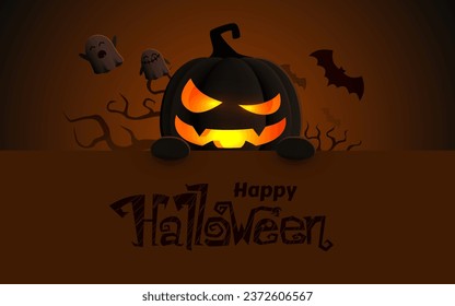 Pumpkin character greeting template. Halloween pumpkin holding greeting board with space for messages. Vector illustration.