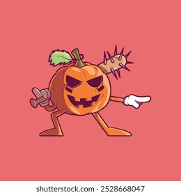 A Pumpkin character holding a baseball bat with nails vector illustration. Halloween, funny design concept.