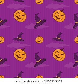 pumpkin character seamless pattern cloud, hat halloween ornament object holiday event purple color background design vector graphic, wrapping paper, decorative beautiful colorful wallpaper