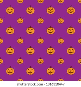 pumpkin character seamless pattern halloween holiday event purple color background design vector graphic, wrapping paper, decorative beautiful colorful wallpaper