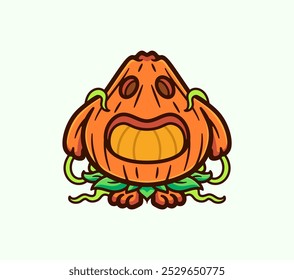 Carácter de la calabaza con la cara sonriente y los tendriles verdes, Ilustración vectorial de la historieta