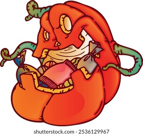 PUMPKIN CHARACTER WITH SWEETS AND TREATS IN HIS MOUTH - TRICK OR TREAT - HALLOWEEN