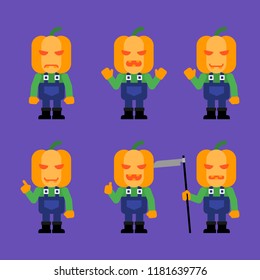 Pumpkin character in various poses. Halloween character. Vector Illustration.