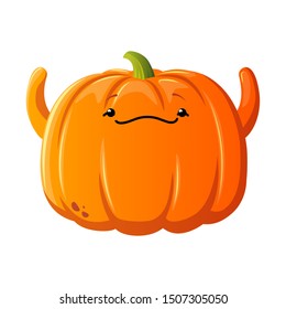 Pumpkin character vector icon. Kawaii happy pumpkin with hands up. Illustration for sticker, animation or halloween. White background. Cartoon style design