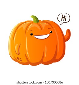 Pumpkin character vector icon. Kawaii pumpkin say Hi. Illustration for sticker, animation or halloween. White background. Cartoon style design