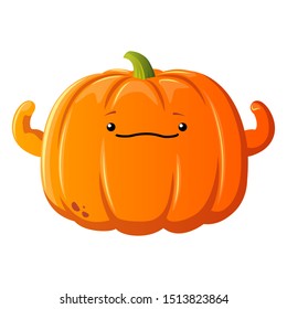 Pumpkin character vector icon. Kawaii strong pumpkin. Illustration for sticker, animation or halloween. Cartoon style design. White background.