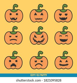 Pumpkin character vector set. Cute, funny and happy pumpkin set character. Orange pumpkin with smile for your design for the holiday Halloween. Vector illustration.