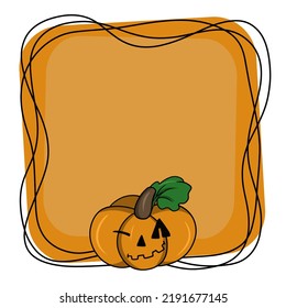 Pumpkin character winks, bright square frame for Halloween, copy space, vector illustration in cartoon style