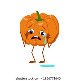 Pumpkin characters with crying and tears emotions, face, arms and legs. The funny or sad hero, orange autumn vegetable. Vector flat Halloween