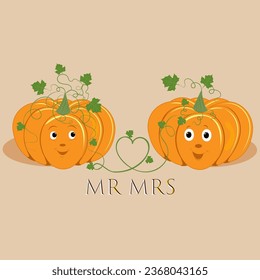 Pumpkin characters faces - Mr and Mrs. Orange pumpkin with smile for your design for the holiday Halloween. Stock Vector illustration.,