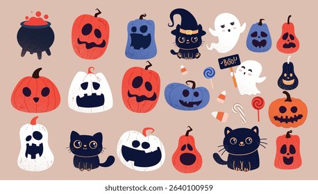 Pumpkin characters retro clipart set. Halloween characters and elements collection like pumpkins, Jack O, cat, caldron and ghost clip art drawing in isolated background vector illustration. 
