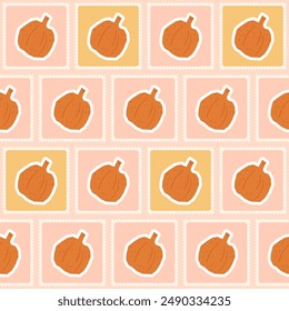 Pumpkin checked seamless pattern. Cutouts paper shapes repeat background. Bento box retro stamps design. Vector hand drawn illustration.