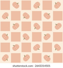 Pumpkin checkered seamless vector pattern with soft orange squares and fall harvest design