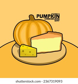 Pumpkin Cheesecake with cheese and pumpkin served on a wooden plate, with bold text on light brown background to celebrate National Pumpkin Cheesecake Day on October 21