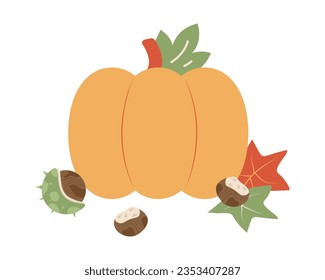 Pumpkin with chestnuts and leaves. Autumn warm illustration. Vegetables and nuts. Farm harvest. isolated object. Soft colors. Vector illustration.