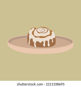 Pumpkin cinnamon roll on the plate. Fall season aroma product, autumn sweet baking. Vector illustration