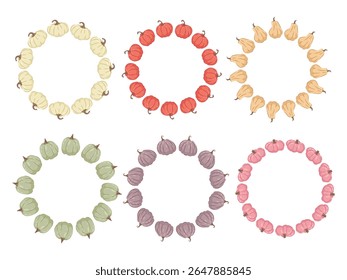 Pumpkin circle frame. Border of colorful autumn pumpkins. Vector flat isolated on white background. For packaging, food design. Space for text.