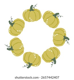 Pumpkin circle frame, green gourds. Seasonal vegetables, autumn harvest. For autumn decorations, harvest themes, kitchen textiles, greeting cards, crafts, and seasonal print.