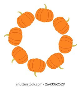 Pumpkin circle frame. Round border made of fall pumpkins. The pumpkins have different shapes and are arranged in a circle. Vector flat isolated on white background.