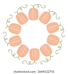 Pumpkin circle frame. Round border made of fall pumpkins. The pumpkins have different shapes and are arranged in a circle. Vector flat isolated on white background.