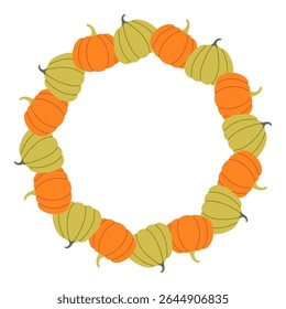 Pumpkin circle frame. Round border made of fall pumpkins. The pumpkins have different shapes and are arranged in a circle. Vector flat isolated on white background.