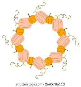 Pumpkin circle frame. Round border made of fall pumpkins. The pumpkins have different shapes and are arranged in a circle. Vector flat isolated on white background.