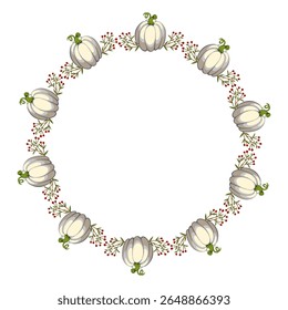 Moldura de círculo de abóbora. A borda redonda é feita de abóboras de outono. Outono, outono. Clipart de vetor plano