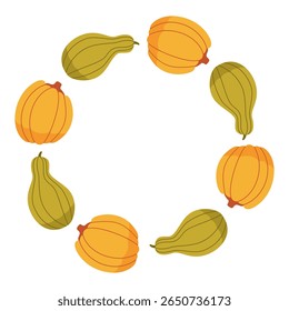 Pumpkin circle frame. Round border made of fall pumpkins. The pumpkins have different shapes and are arranged in a circle. Vector flat isolated on white background.