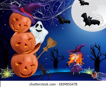 Pumpkin, cobweb, bats, broomstick, ghosts , spider and little witch with a hat. Happy characters under the moonlight. Beautiful characters Halloween. Vector illustration