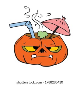Pumpkin cocktail with an umbrella and a straw. Vector design for banners and greeting cards for Halloween.Coloring