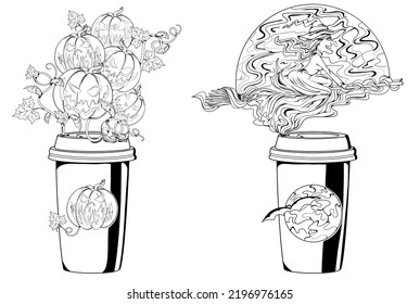 Pumpkin coffee. Halloween Coffee. Set illustrations of a coffee cups with Halloween flavored. Black illustration.