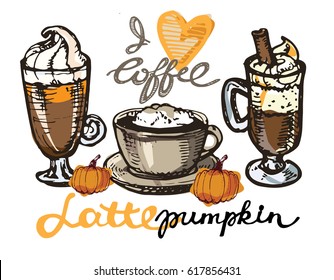 Pumpkin coffee. Hand drawn coffee set. Latte with pumpkin vector illustration.