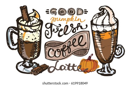 Pumpkin coffee. Hand drawn coffee set. Latte with pumpkin vector illustration.