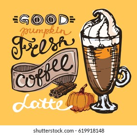 Pumpkin coffee. Hand drawn coffee set. Latte with pumpkin vector illustration.