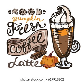 Pumpkin coffee. Hand drawn coffee set. Latte with pumpkin vector illustration.