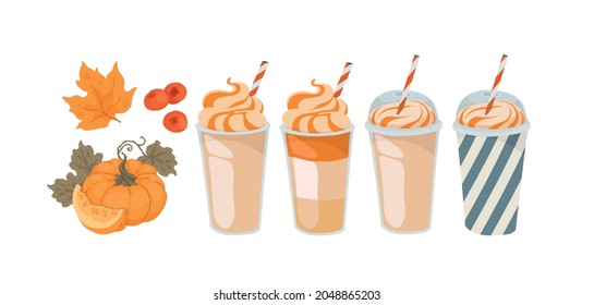 Pumpkin coffee. Milkshake, smoothie. Autumn menu. Takeaway coffee. Coffee to go. Isolated vector colorful element on a white background.