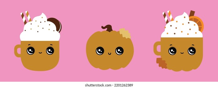 Pumpkin coffee tea drink cacao autumn cute face baby kids decor