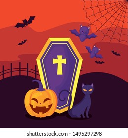 pumpkin with coffin and cat in scene halloween