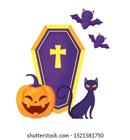 pumpkin with coffin and icons halloween vector illustration design