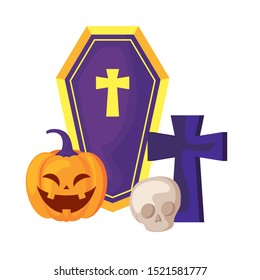 pumpkin with coffin and icons halloween vector illustration design