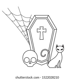 pumpkin with coffin and icons halloween vector illustration