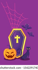 pumpkin with coffin and icons halloween vector illustration
