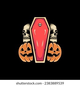 Pumpkin And Coffin Retro Illustration For Merchandise