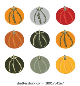 Pumpkin collection in doodle style on white background isolated vector illustration. Pattern for celebration design. Thanksgiving backdrop.