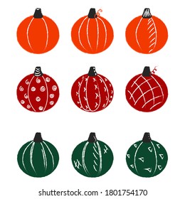 Colección de calabaza en estilo doodle sobre ilustración vectorial aislada de fondo blanco. Patrón para el diseño de la celebración. Fondo de Acción de Gracias.